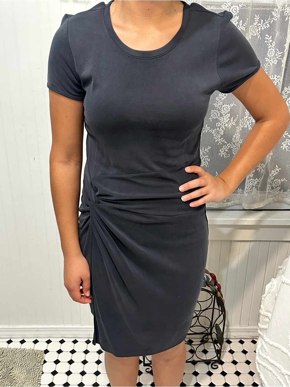 Abercrombie & Fitch Charcoal Short-Sleeve Midi Dress with Side Knot